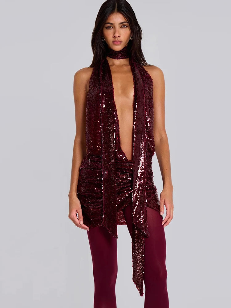 Sequins Deep V Neck Backless Mini Dress