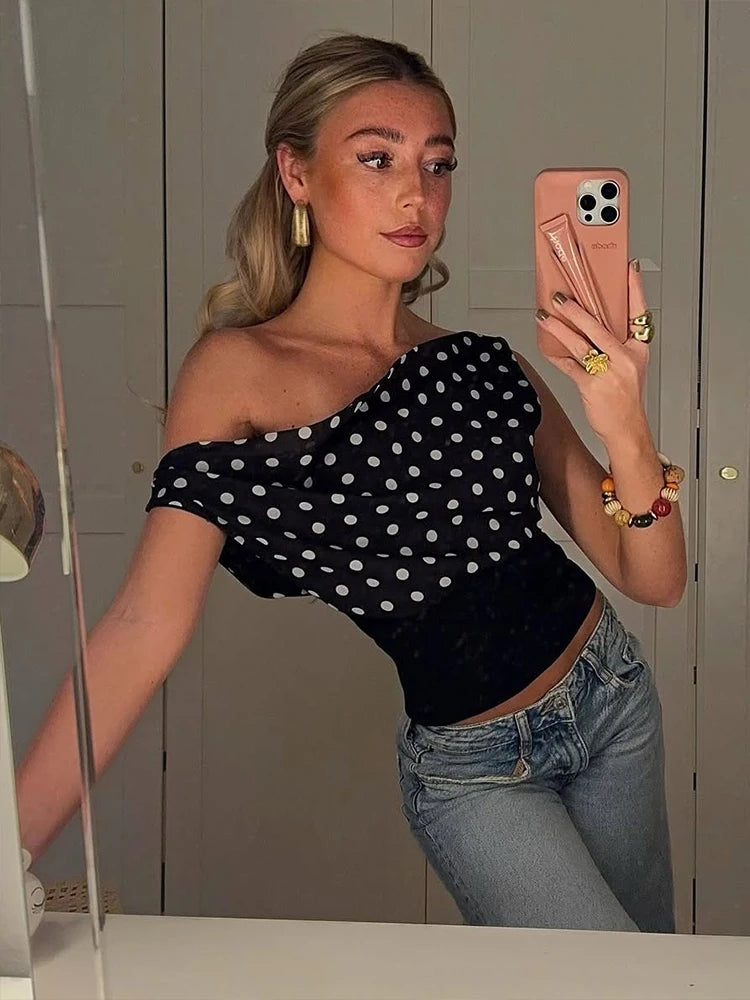 Polka Dots Off Shoulder Backless Ruched Top