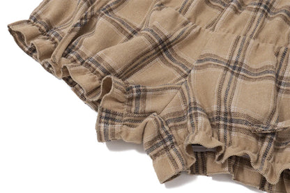 Khaki Plaid Backless Sleeveless Top And Ruffle Shorts Two Piece Set