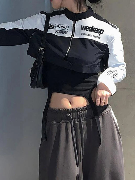 Moto Biker Crop Jackets Zip Up Patchwork Coats