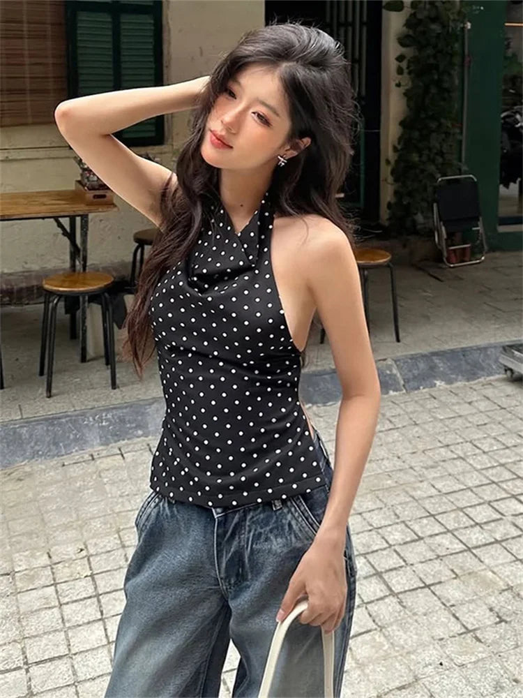Polka Dot Backless Halter Tank Top