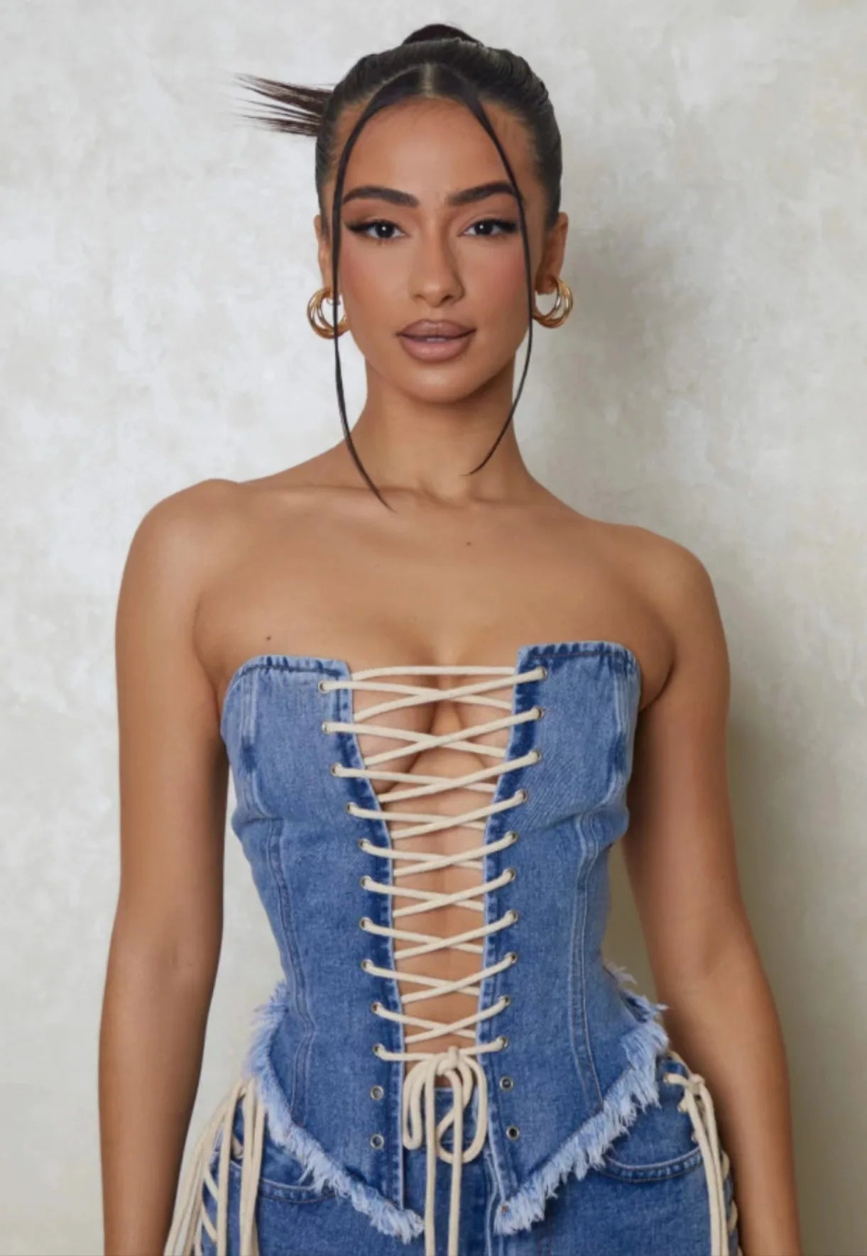 Denim Drawstring Strapless Top