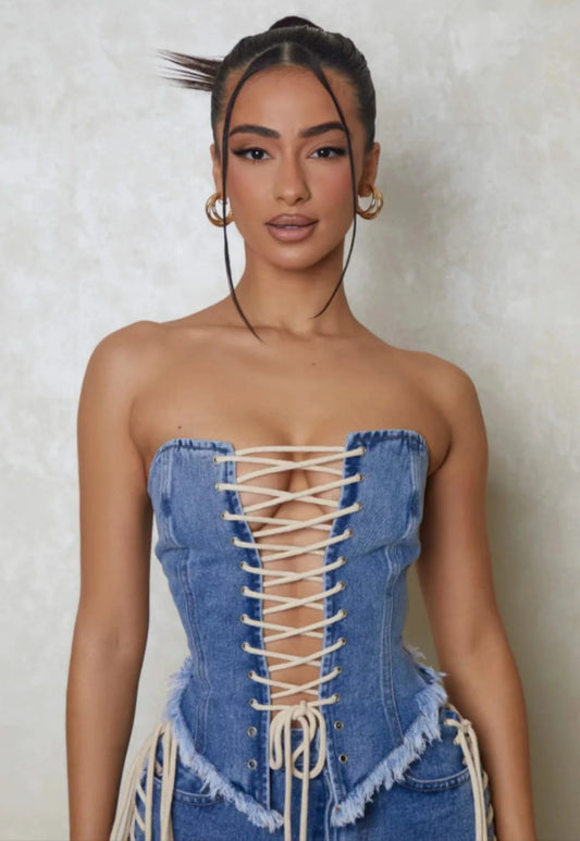 Denim Drawstring Strapless Top