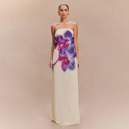 S Floral Print Long Dress - Strapless Sleeveless Backless