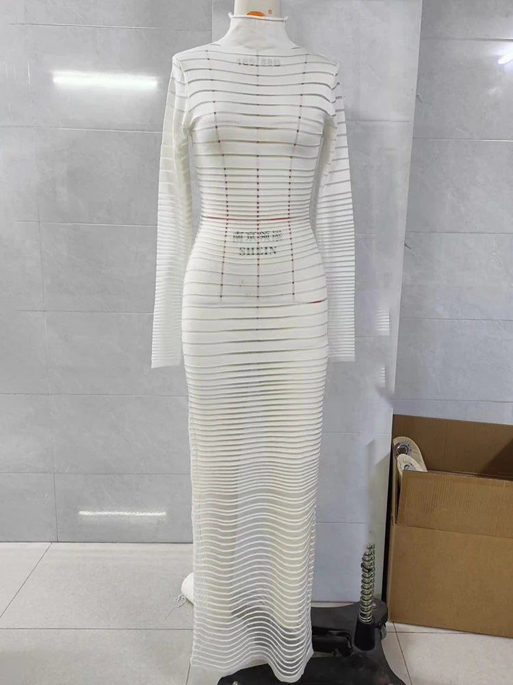 Knit See Through Maxi Dress Pink Turtleneck Long Sleeve Dress