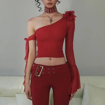 Flare Sleeve 3D Floral Lace-up Crop Top Red