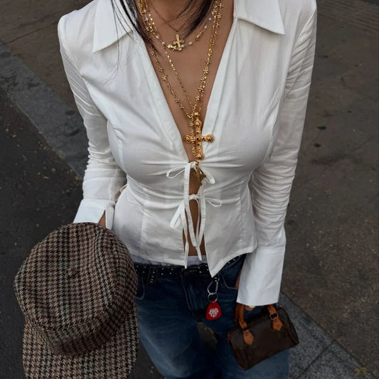 White V-Neck Long Sleeve Slim Top