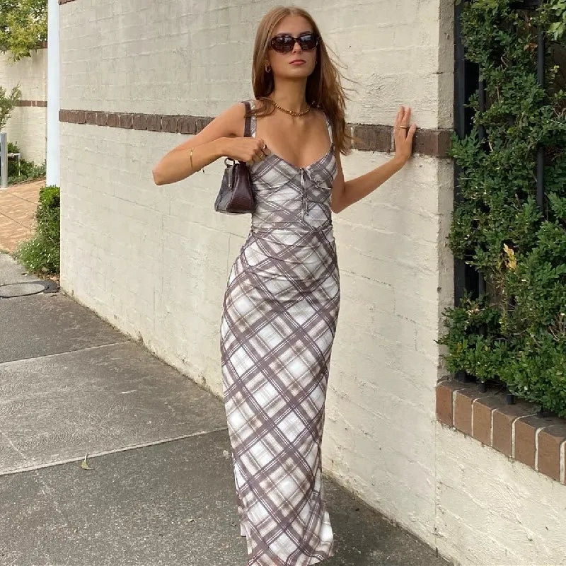 Brown Plaid V-Neck Slim Maxi Dress