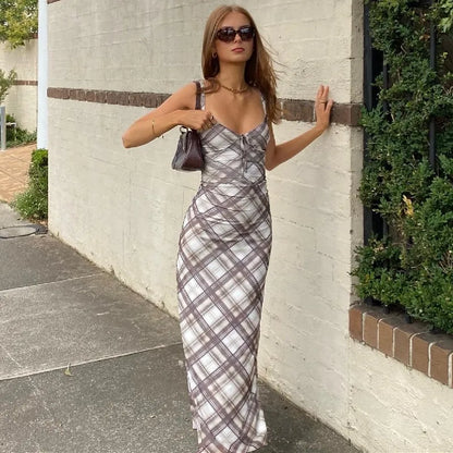 Brown Plaid V-Neck Slim Maxi Dress