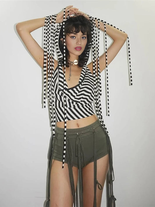 Black And White Stripes Hooded Backless Top