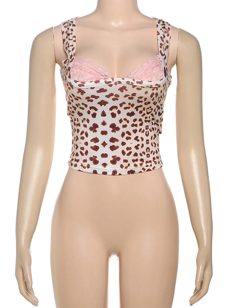 Leopard Print Lace Spliced Top Plunge Halter Slim Top