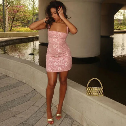 Pink Floral Backless Sleeveless Mini Dress