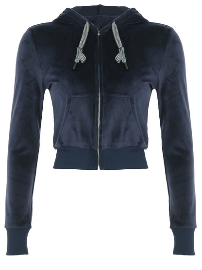 Velvet Zip-Up Hooded Jacket with Front Pockets