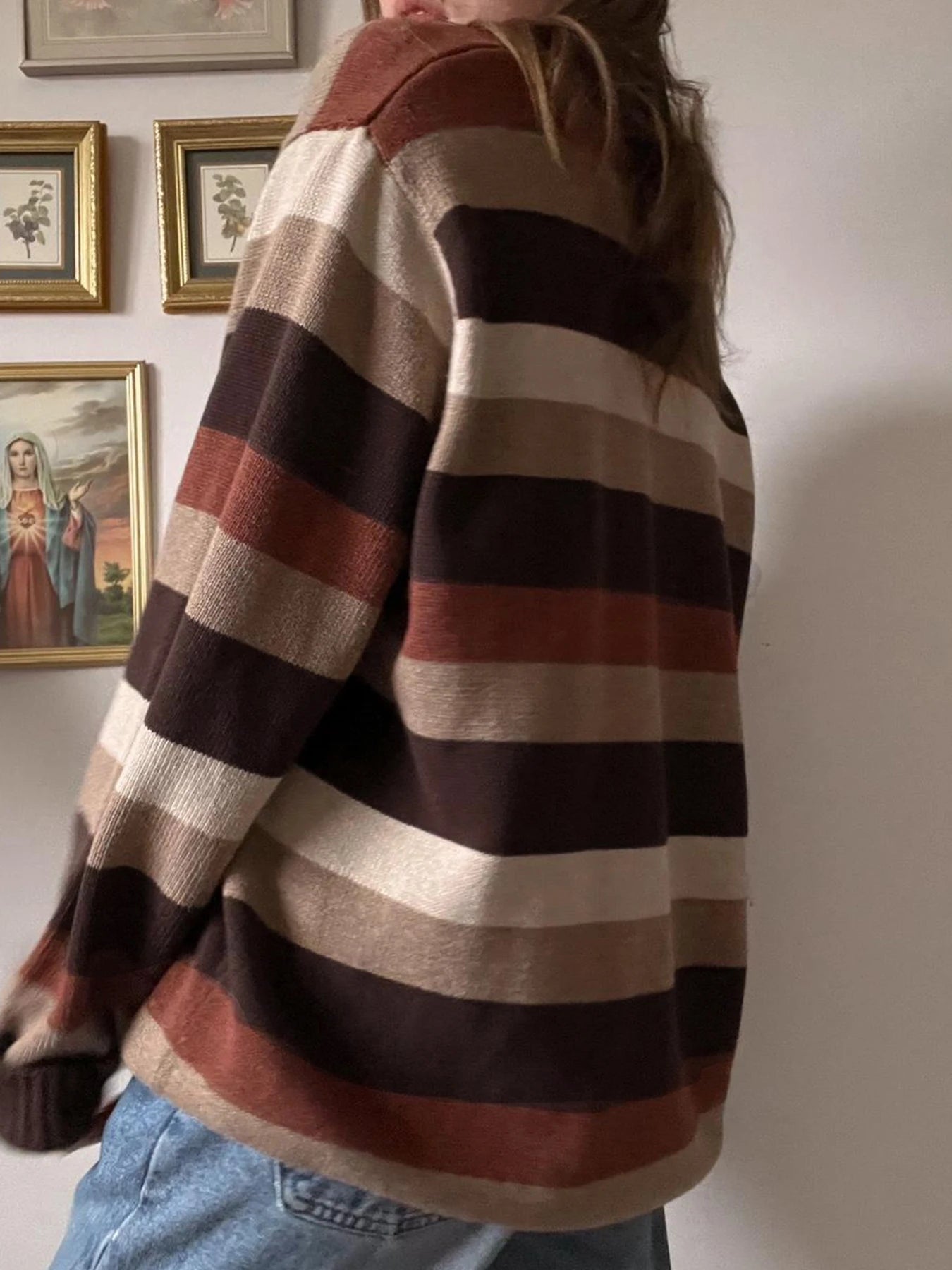 Retro V-neck Striped Sweaters Loose Pullovers Top
