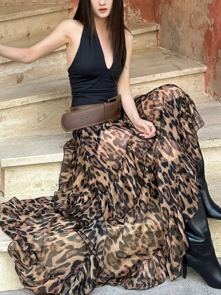 Leopard High Waist Ruched Long Skirt