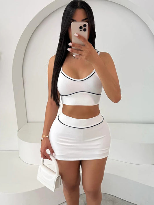Ribbed Two Piece Set Black String Backless Tank Top Side Split Shorts Skirt Matching Suits
