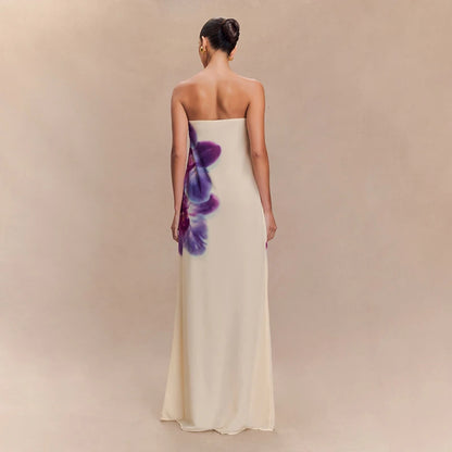 S Floral Print Long Dress - Strapless Sleeveless Backless