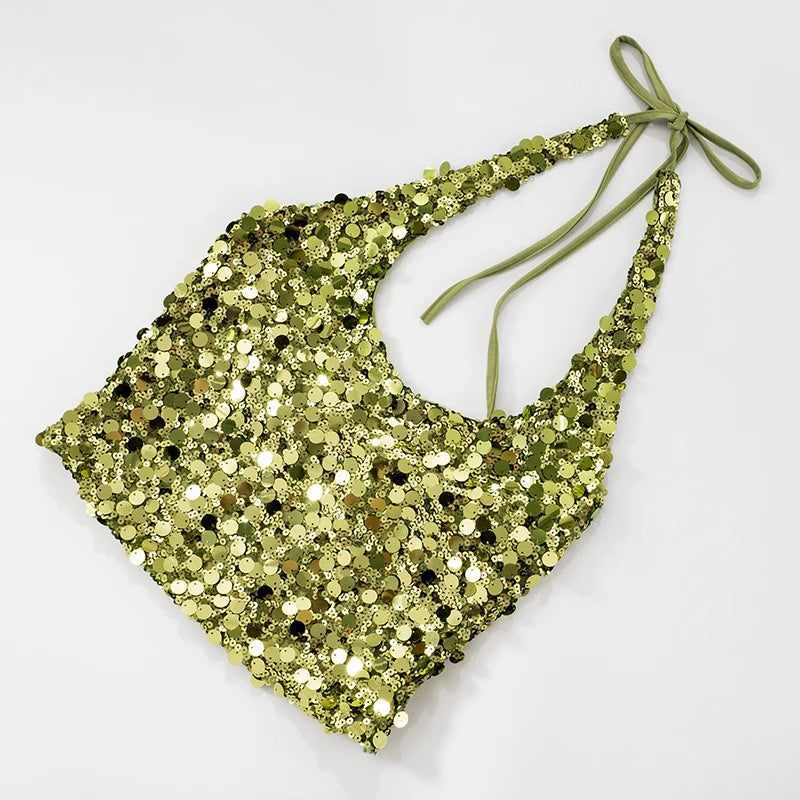 Green Low-Cut Sequin Backless Tank Top