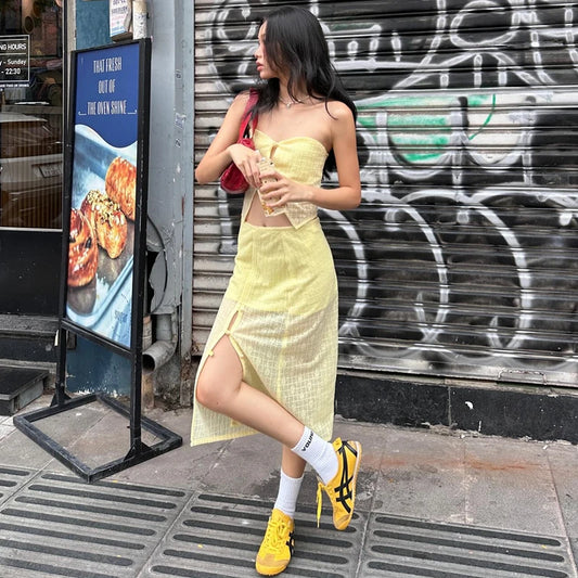 Yellow Strapless Crop Top and High Waist Midi Skirt Set