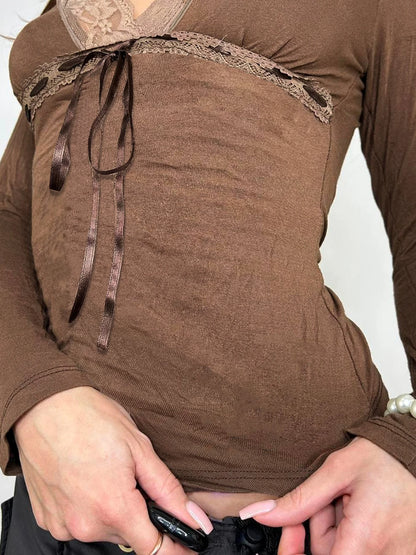 Lace Patchwork Brown Long Sleeve Retro T-Shirt