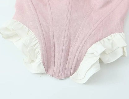 Sweet Patchwork Fish Bone Strapless Crop Top