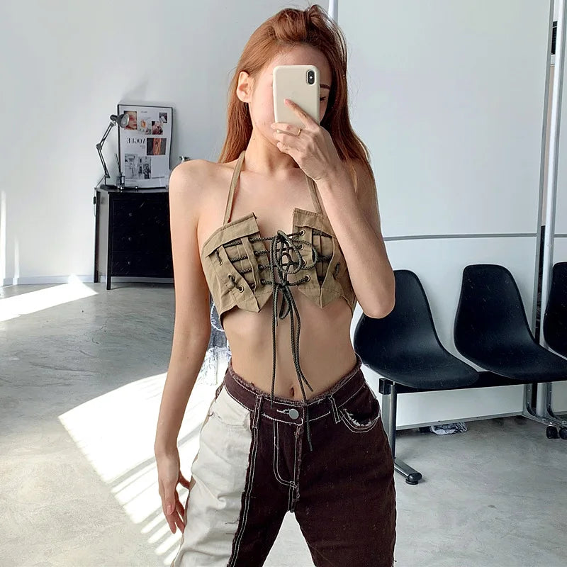 Khaki Strapless Hollow Out Crop Top