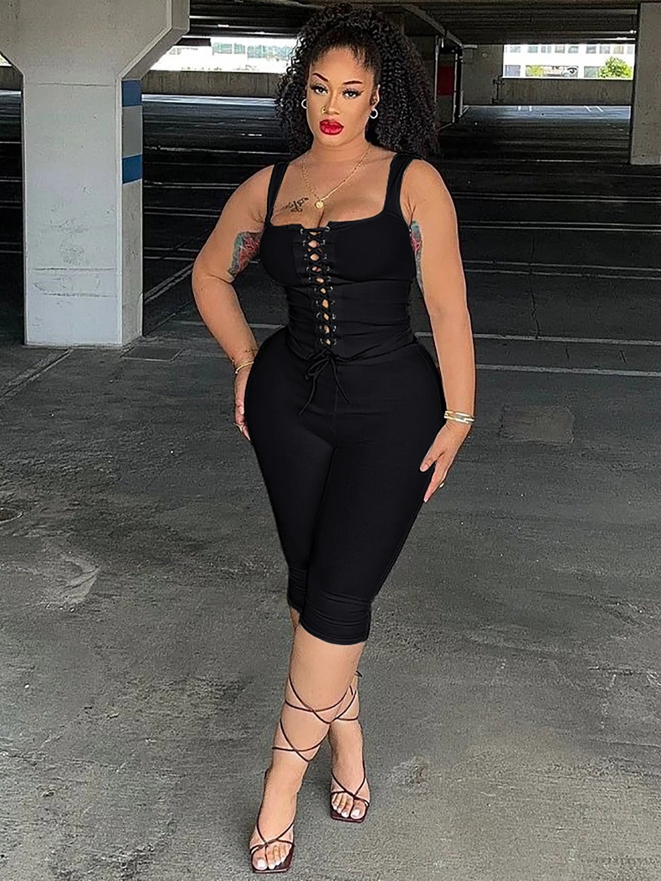 Ribbed Lace Up Crop Corset Shorts Matching Set