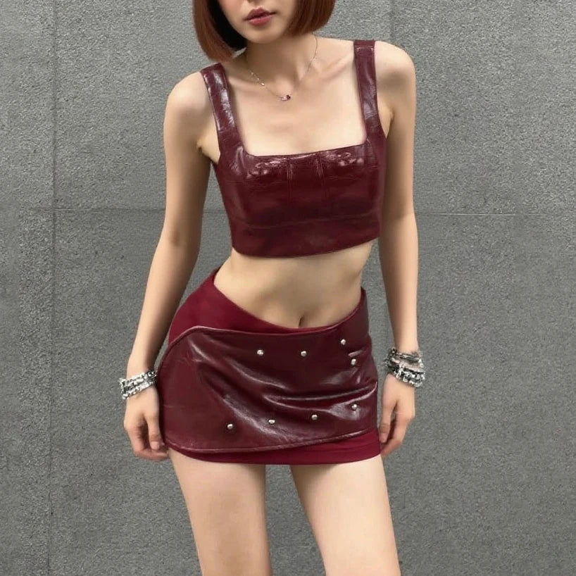 Red Faux Leather Crop Top and Mini Skirt Set