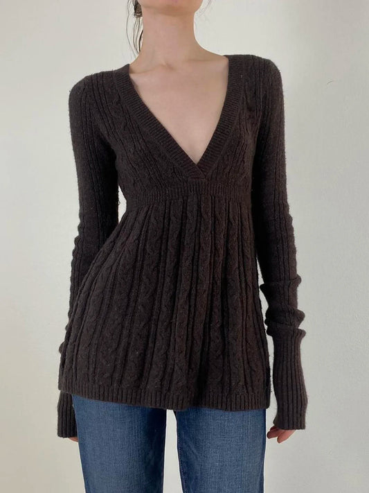 Knitted Sweaters Long Sleeves Slim s Loose Hem Brown Pull Top