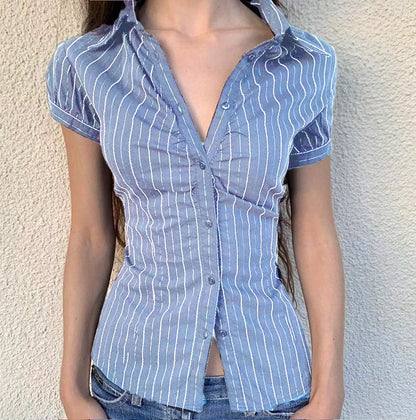Turn-down Neck Short Sleeves Shirt Blue