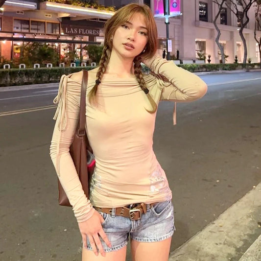 Khaki Off Shoulder Pleated Long Sleeve Top