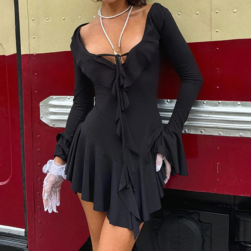 Ruffles Patchwork s Dress Lace-up Long Sleeves Corset 's Pullover