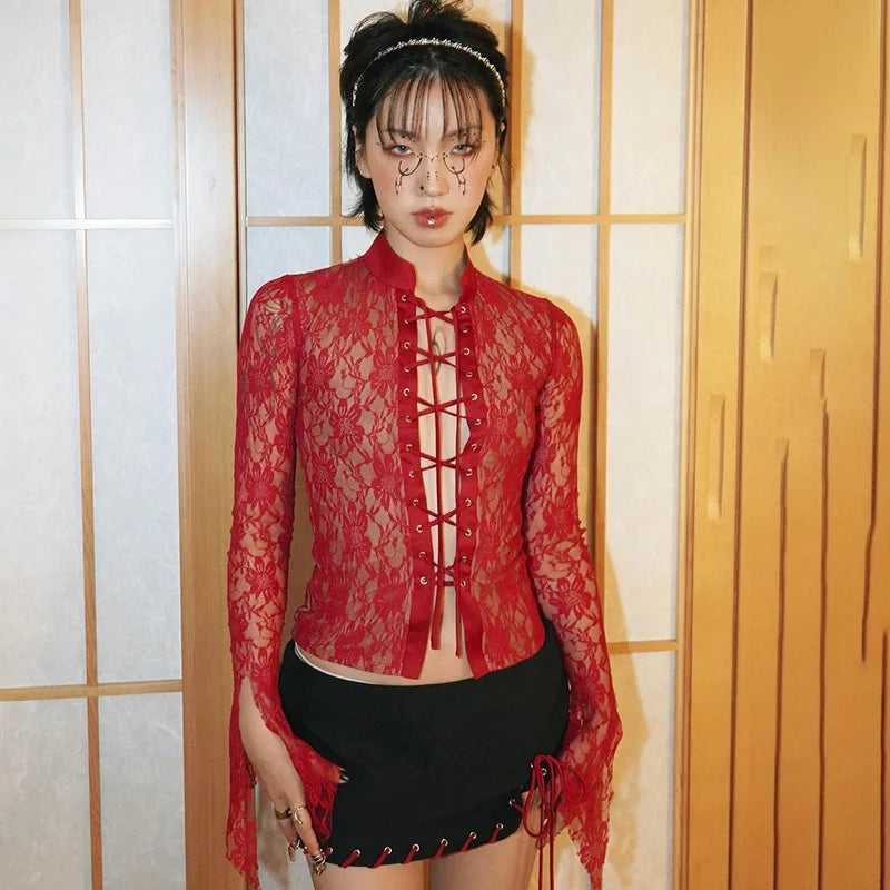 Red See Through Lace Top