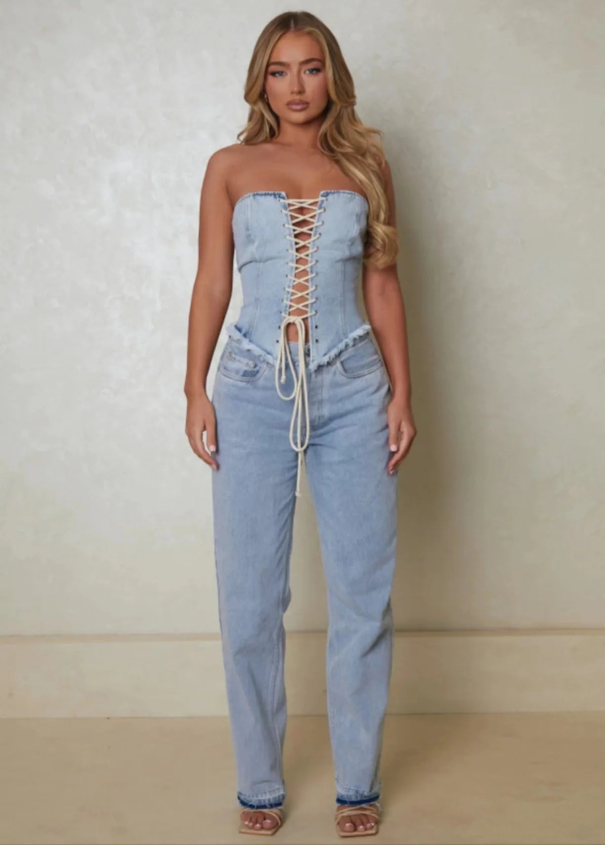 Denim Drawstring Strapless Top