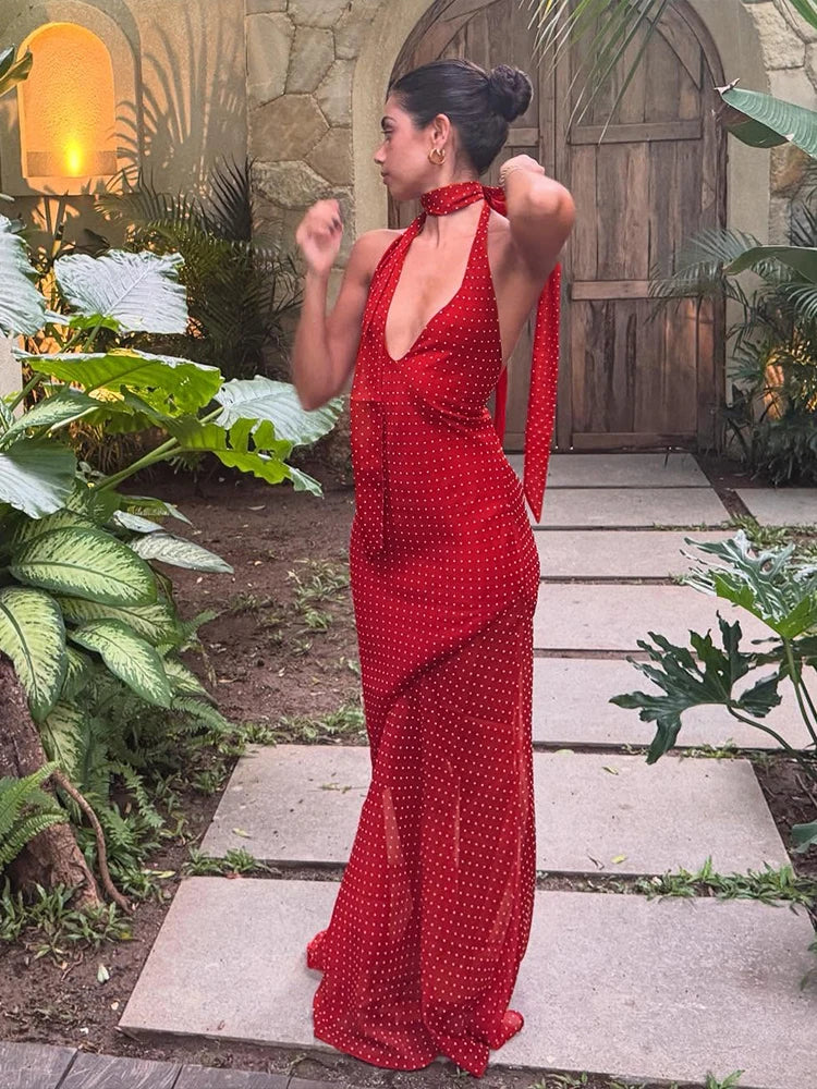 Point Dress Halter V-neck Lace Up Backless Maxi Bodycon Trend
