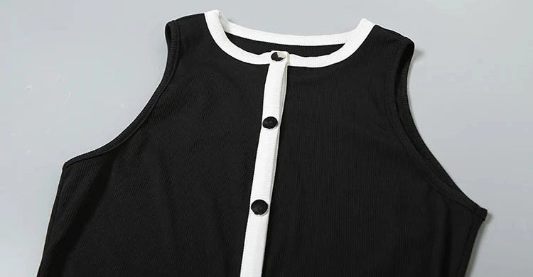 Ribbed Patchwork Two Piece Set Single-Breasted Sleeveless Top Stretch Shorts Daily