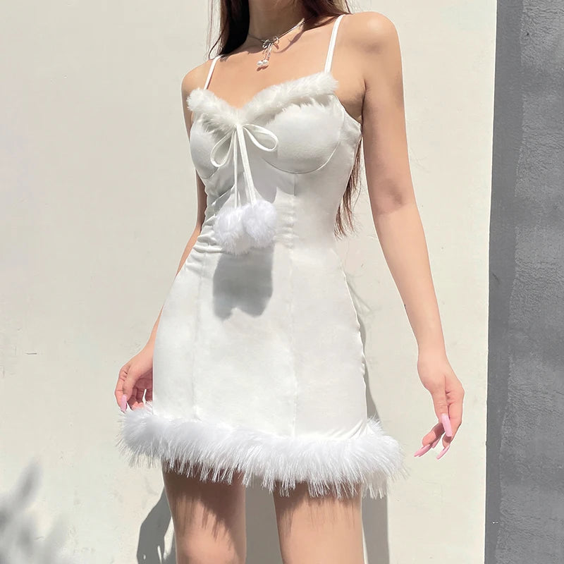 Strap Sleeveless Dress A-Line sweet White Mini V-Neck Lace-up Hairball Dress