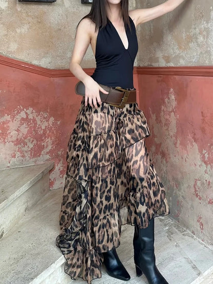 Leopard High Waist Ruched Long Skirt