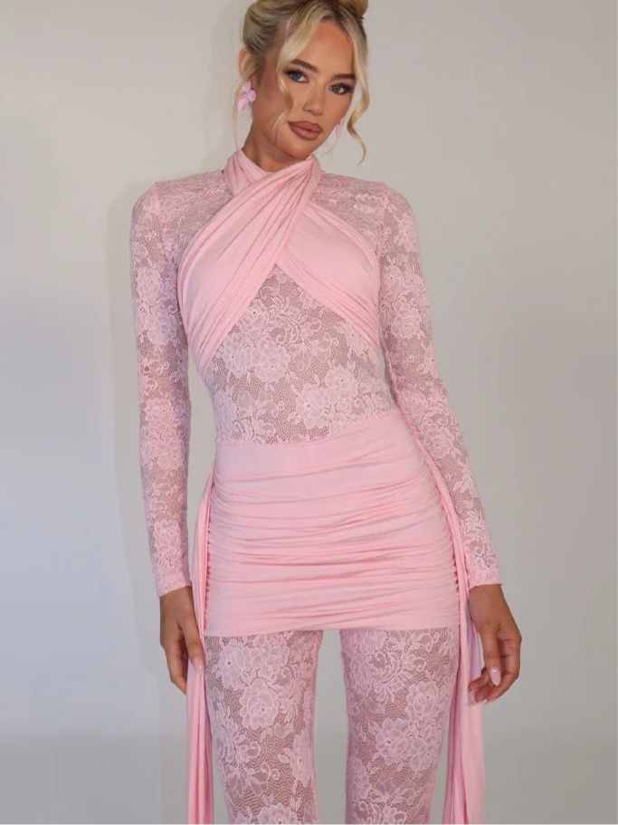 One Piece Long Sleeve See Through Lace Mesh Jumpsuit