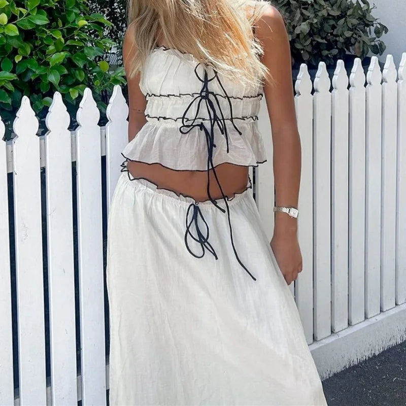 White Mesh See-Through Top and Maxi Skirt Set