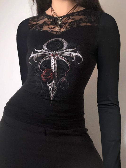 Gothic Lace Print Slim Top Long Sleeves Tee Shirts ing