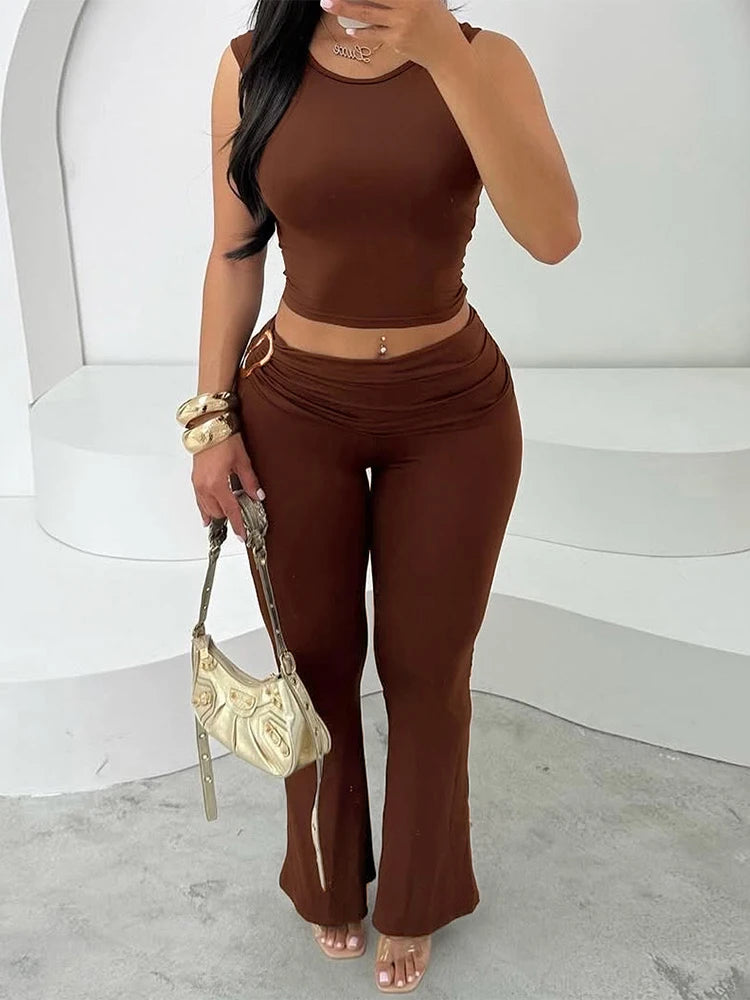 kliu Matching 2 Piece Set Classic Metal Splice O-neck Vests High Waist Elastic Pants