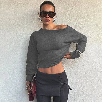 Inclined Shoulder Long Sleeve Slim Sweater