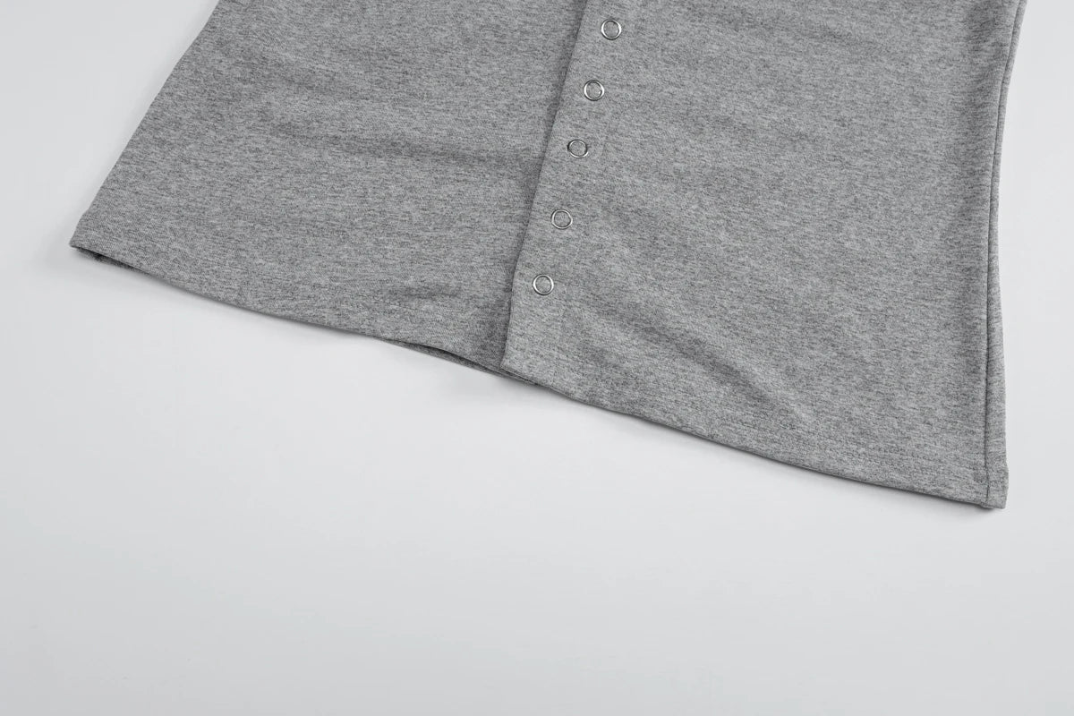 Gray Turn-Down Collar Long Sleeve Slim Cardigan Top