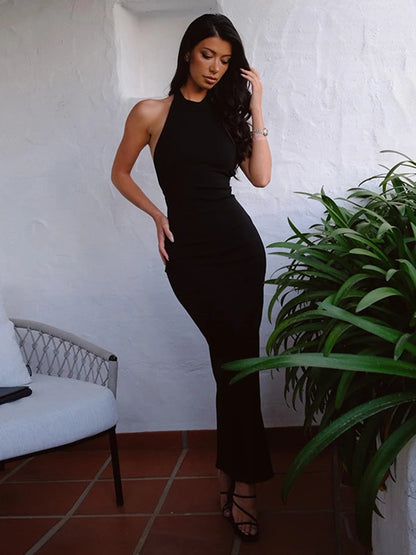 Black Backless Sleeveless Halter Maxi Dress