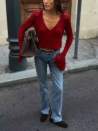 Knitted Long Sleeve V-Neck Sweater Cardigan