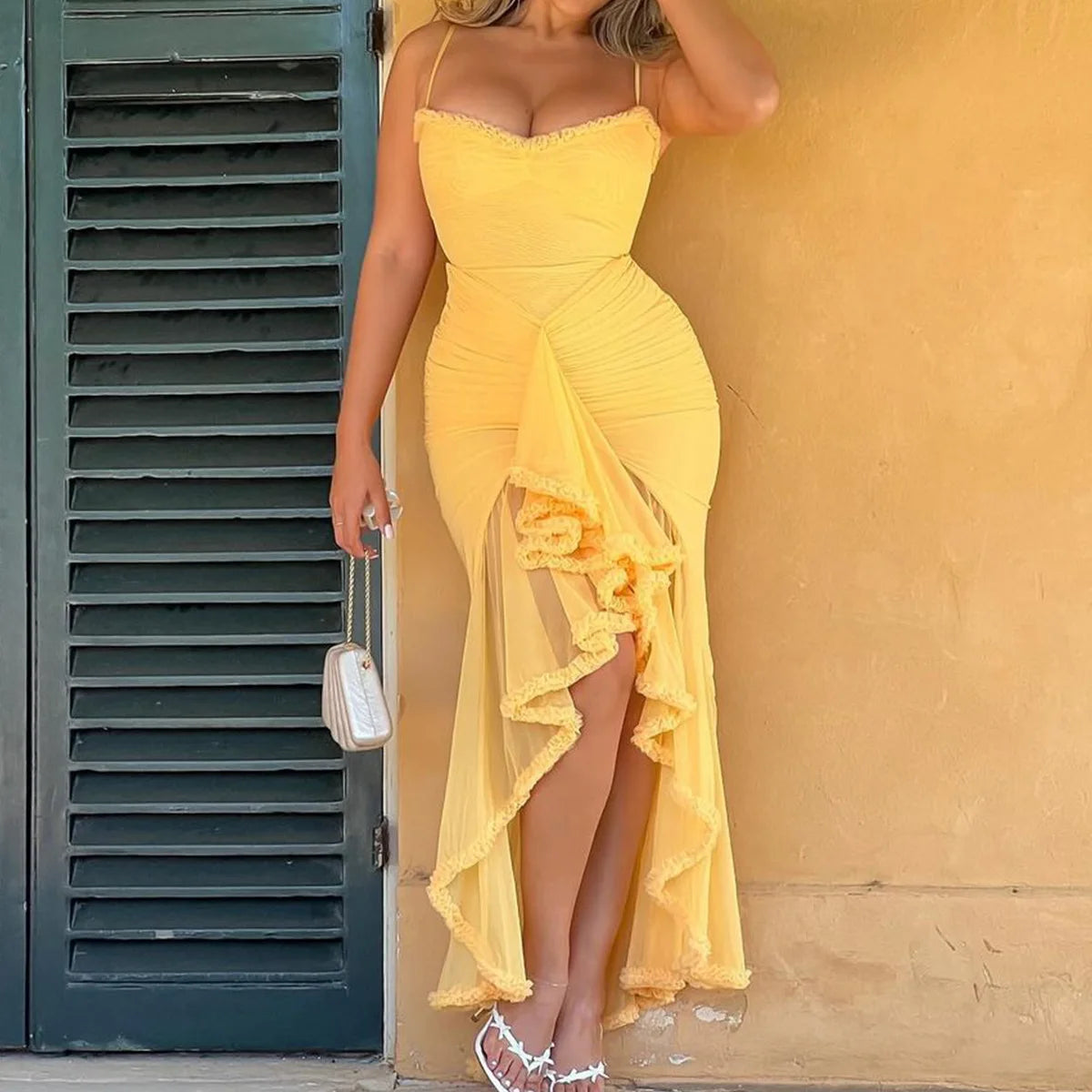 Yellow Ruffle Mesh Maxi Dress