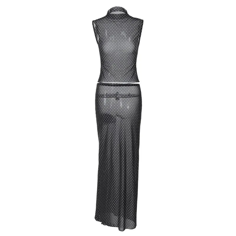 Black Polka Dot Mesh Sheer Top and Long Skirt Two Piece Set