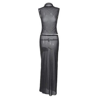 Black Polka Dot Mesh Sheer Top and Long Skirt Two Piece Set