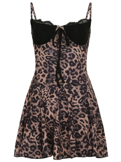 Leopard Print Patchwork Lace Dress Light Brown